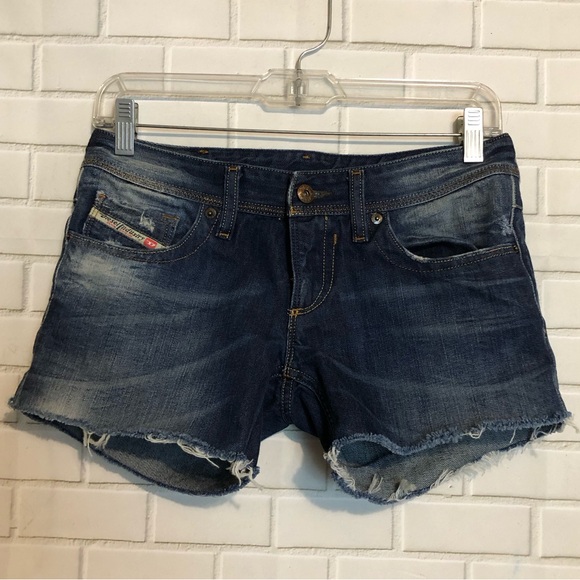 Diesel Lowky Low Waist Distressed Cut Off Denim Leather Label Blue Jean Shorts - Picture 12 of 12